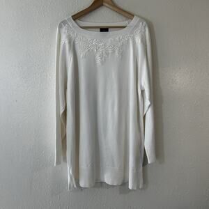 JM Collection Women's 3X White Floral Embroidered Knit Pullover Sweater